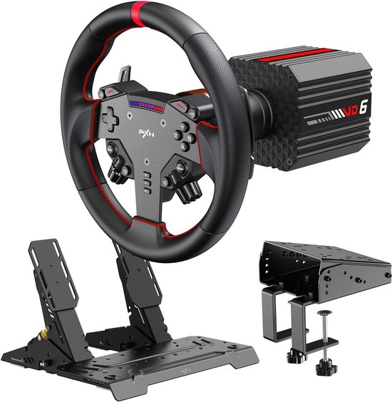 PXN VD6 Bundel - Sim Racing Stuur - Direct Drive 6 Nm - W AS Racestuur - PD HM Hall Pedalen - 400° Rotatie - Vibratiefeedback - PC Windows 7-11 - Zwart van Merkloos