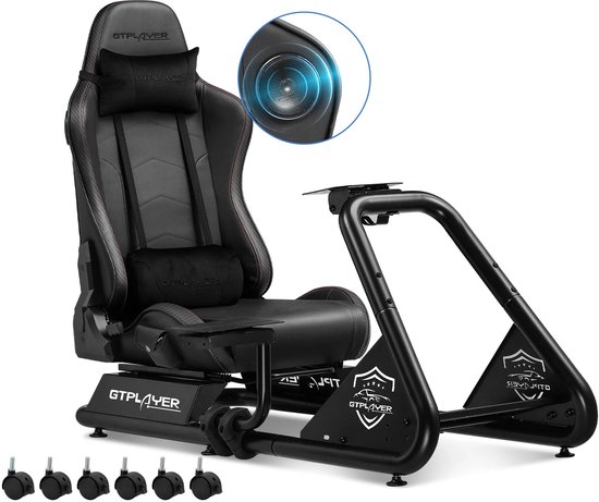 QUESTYR - Sim Racing Cockpit - Racesimulator - Stuurstandaard Met Luidsprekers - Stuurwiel & Pedaalplank - Zwart - Extra Kussen