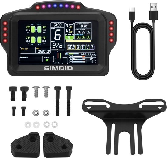 Race Dashboard Display - Sim Racing Screen - Race Simulatie - 5 Inch Aanraakscherm - 16 RGB LEDs - Zwart