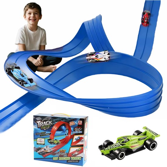 Raceautobaanset voor kinderen, 4 m flexibele racebaan met zuignappen, doe-het-zelf racebaanset met dubbele flexibele baan, peuter binnen- en buitenspeelgoed, educatief speelgoed, kerstcadeau voor verjaardagscadeaus voor jongens en meisjes, Blauw van Nifeliz