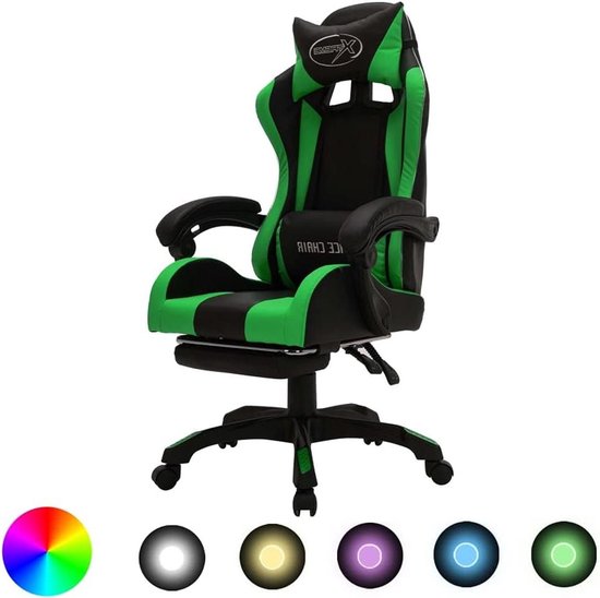 Racestoel met LED - Gamestoel bureaustoel - Comfortabel werken gamen - Verstelbare voetensteun - 64x65x119 cm - Groen zwart
