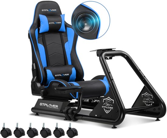 Racestoel, Simulator Cockpit, SIM Racing Cockpit, racesimulator stuurwielstandaard met luidsprekers, stuurwiel en pedaalsteun, Blauw van Woltu