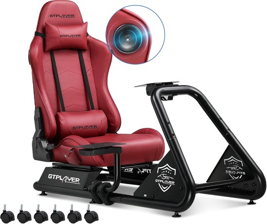 Racestoel, Simulator Cockpit, SIM Racing Cockpit, racesimulator stuurwielstandaard met luidsprekers, stuurwiel en pedaalsteun, Bourgondisch van Flash Furniture