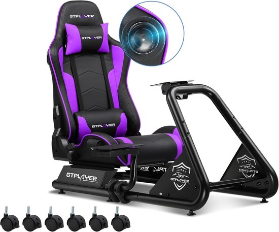 Racestoel, Simulator Cockpit, SIM Racing Cockpit, racesimulator stuurwielstandaard met luidsprekers, stuurwiel en pedaalsteun, Paars van Vevor
