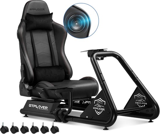 Racestoel, Simulator Cockpit, SIM Racing Cockpit, racesimulator stuurwielstandaard met luidsprekers, stuurwiel en pedaalsteun, Zwart van Vevor
