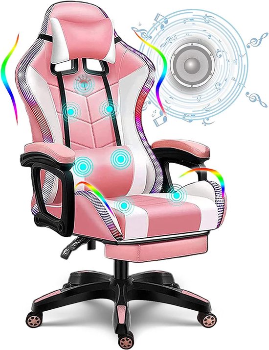 Racing Gaming Chair for Adults with Footrest and 7-Point Massage, Video Chair with Speakers and LED Light, Height - ShopVlot