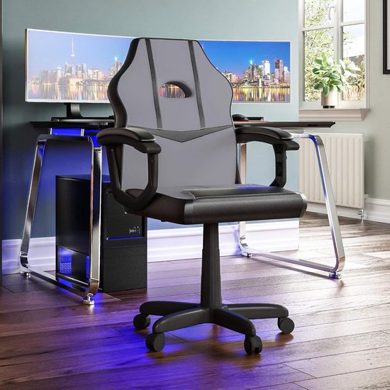 Racing Gaming Stoel met Verstelbare Hoogte en Armleuningen, PU Kunstleer, 360° Draaibaar, Zwart/Grijs van Merkloos