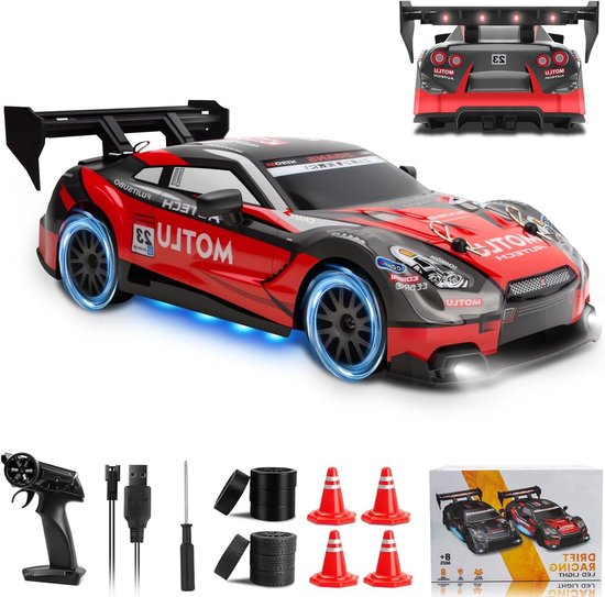 RC Drift Auto - Afstandsbestuurde auto Mini racer - Driften en racen - Vierwielaandrijving en LED-verlichting - 1:24 schaal - Rood