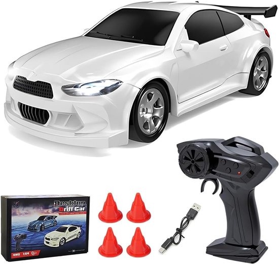 RC Drift Auto - Mini Raceauto - Binnen Racen - 4WD Aandrijving - 1:64 Schaal - Ivoorwit van Merkloos