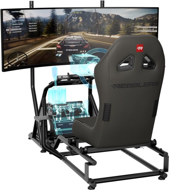 REBBLERS® SIMR 1000GT – Inclusief gearshift holder en TV stand - Unieke racestoel voor zowel F1, Rally als GT gaming - Grijs/Zwarte Gamestoel - Gaming Cockpit Simulator - Gaming stoel - Verstelbaar/Inklapbaar - simrig van Rebblers