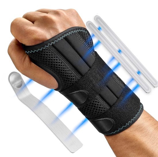 Rechte polsbandage met 3 metalen rails, verstelbare en ademende orthopedische polsbandage voor sport en dagelijks gebruik, polsbandage voor gewrichtsklachten en stijve pijn, (S/M)