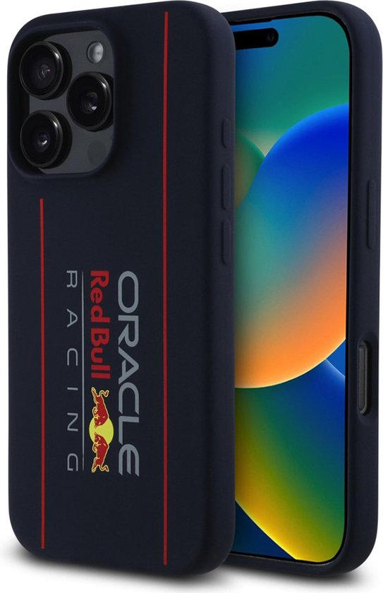 Red Bull Racing Silicone Oversize Vertical Logo Back Cover hoesje met MagSafe voor Apple iPhone 16 Pro - Donkerblauw van Red Bull Racing