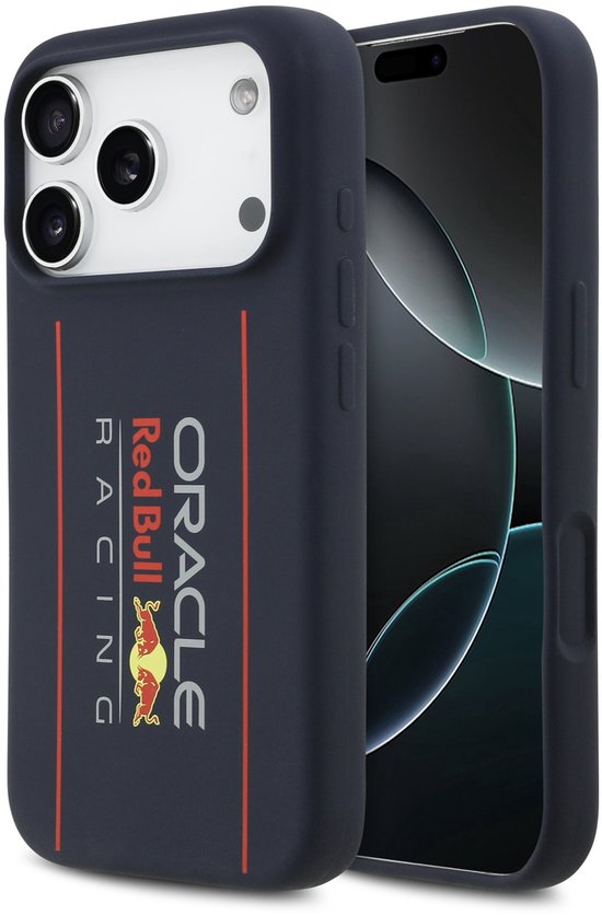 Red Bull Siliconen Hoesje Geschikt voor iPhone 17 Pro - Navy - MagSafe Compatibel - Vertical Logo Design - Schokbestendig van Merkloos