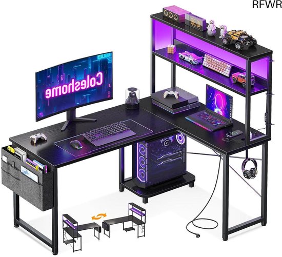 RFWR® Gaming Hoekbureau met Verlichting en Stopcontacten - Draaibaar Bureau voor Spelers van Merkloos