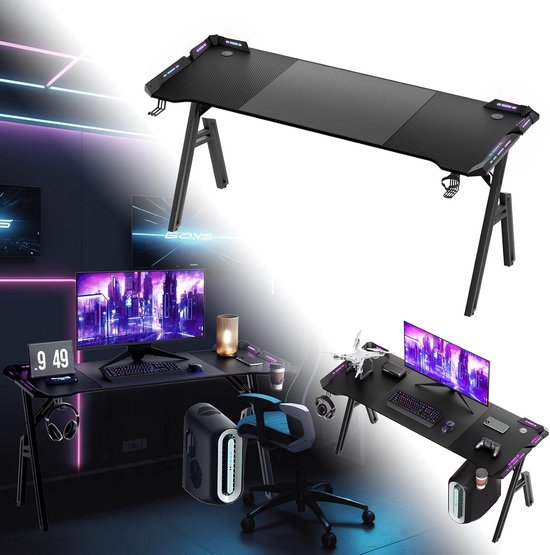 RGB Gaming Bureau met LED Verlichting - 160x60 cm - Ergonomische PC Tafel met Koolstofvezel Oppervlak