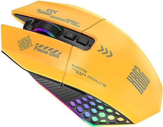 RGB Gaming Muis - Draadloze Muis - PC Gaming - Tri Mode Connectiviteit - 13x6.8x3cm - Geel