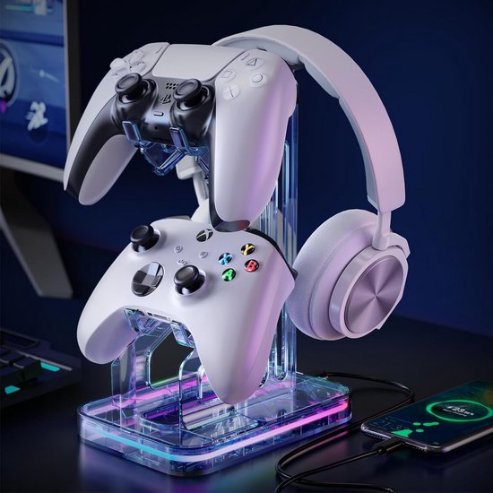 RGB Headset Standaard met Dubbele USB Oplaadpoorten en Controllerhouder van Merkloos
