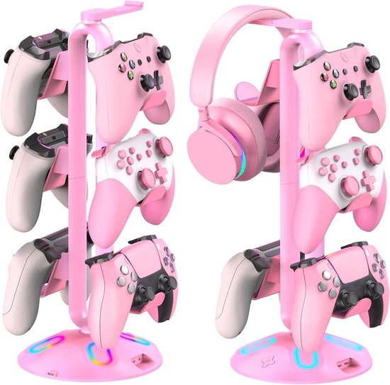 RGB Hoofdtelefoonstandaard - Controllerhouder - Gamer Bureau - 9 Lichtmodi - 3 Laags Ontwerp - Roze van Merkloos