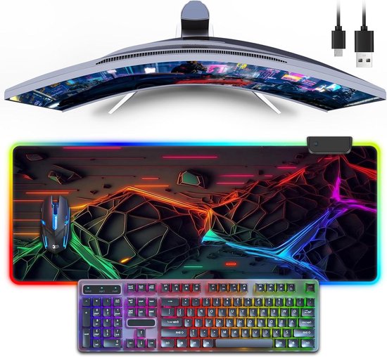 RGB muismat gaming muismat, grote bureauonderlegger met LED-licht, 13 lichtmodi, aanraakbediening, uitgebreide zachte computertoetsenbordmat, pad met antislip rubberen basis, bureaumat voor kantoor en van Merkloos