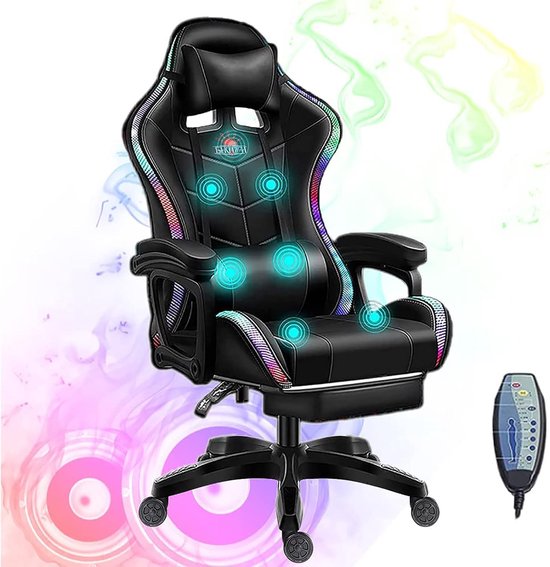 RGB-videogamestoelen met luidsprekers Ergonomische Pro gamingstoel met volledige massage Lendensteun en intrekbare - ShopVlot