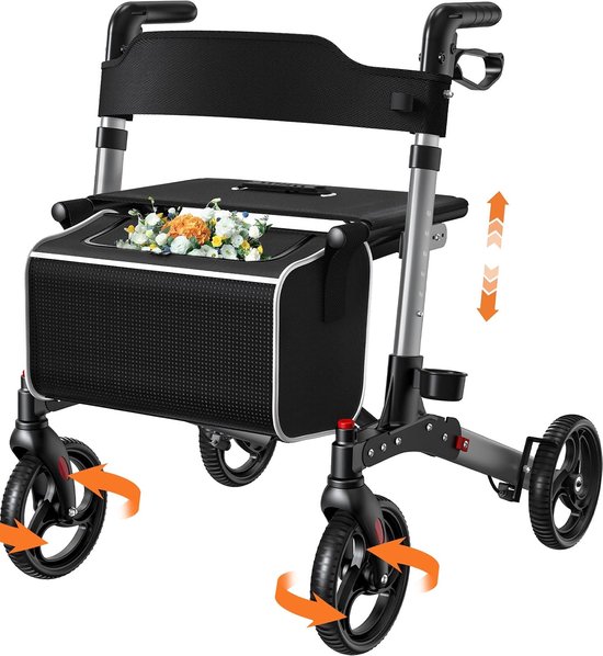 Rollator met 4 wielen met zitting en rugleuning, opvouwbaar, verstelbaar, licht, zilvergrijs
