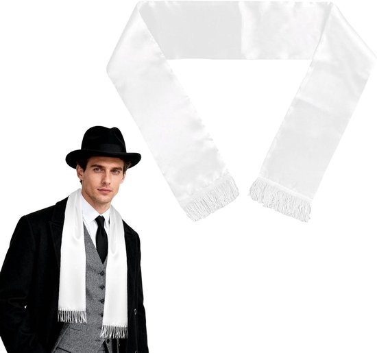 Satijnen Sjaal 140 x 14 cm - Heren - Jaren 20 - Kwastjes - Halloween - Charleston - Themafeest - Carnaval - Gangster - Cosplay - Feestdecoratie - Wit van Folat