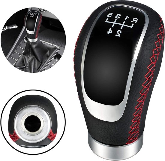 Schakelknop Leer - Versnellingspook Hendel - Auto Interieur - Universele Pasvorm - 5 Snelheden - Rood Gestikt