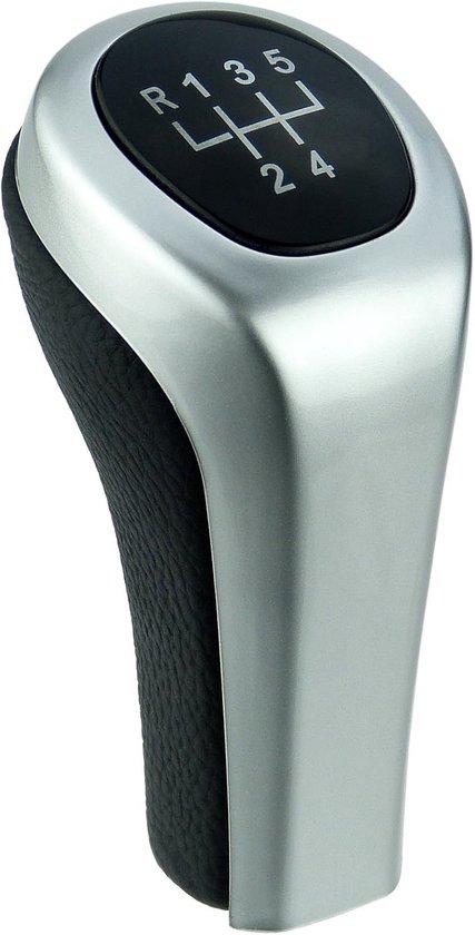 Schakelpookknop Echt Leer Zwart Zilver 5 Versnellingen Universeel Auto Onderdeel van Merkloos