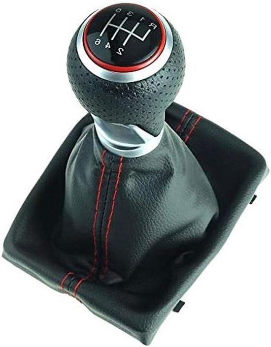Schakelset Leder - Versnellingspook Set - Auto Interieur Upgrade - Geperforeerd Design Rode Naad - 6 Versnellingen - Zwart Chroom van Merkloos