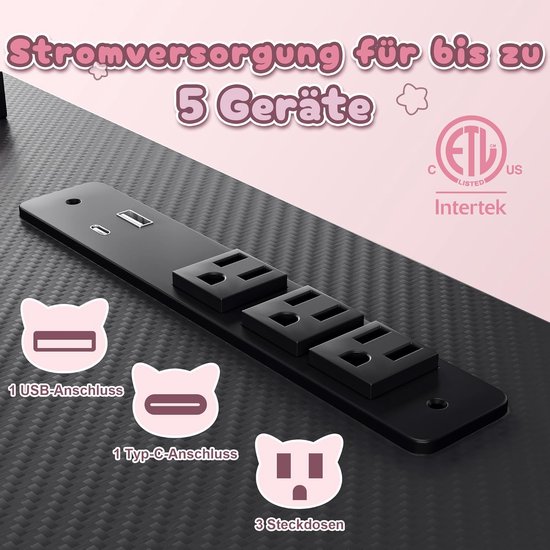 Schattig gamingbureau met koolstofvezeloppervlak en hoofdtelefoonhaak - 100 x 50 cm, zwart/roze van Merkloos