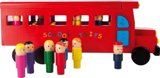 Schoolbus - Speelgoed - Houten Rode School Bus - met Poppetjes - Speelgoedauto - Actiespel - Legler - Soepel Rollende Wielen - Speelgoed voor Kinderen - Educatief Speelgoed - Voertuig voor Kinderen - met Afneembaar Dak - 35 cm - 1.5 kg - Rood van Merkloos