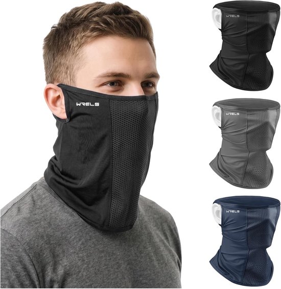 Set van 3 multifunctionele verkoelende doeken - Zwart, Grijs, Blauw - Lichte en elastische halsdoek met ventilatieret - Voor Dames en Heren
