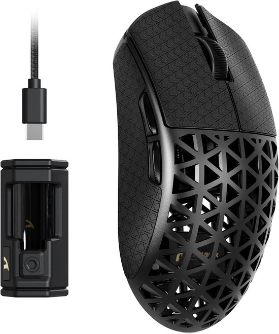 SHARK R5 Ultra Koolstofvezel Hyperspeed Draadloze Gamingmuis, 39g Ultralichte Muizen Met Griptape, 2,4G/BT/USB-C, PixArt PAW3950MAX-Sensor, 8KHz Draadloze Pollingsnelheid, 42KDPI,Win/Mac-Zwart