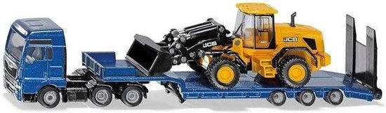 siku 1790, MAN Vrachtwagen met dieplader en JCB-shovel, 1:87, metaal/kunststof, blauw/geel, opklapbare oprijplaat, beweegbare arm van Siku