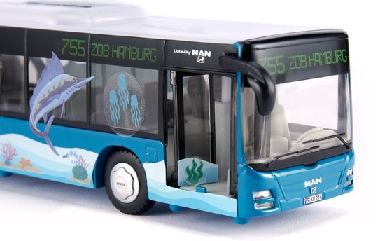 Siku 3736 -MAN gelede bus, 1:50, incl. 2 stickervellen, metaal/kunststof, turquoise, speelgoedmodel, rubberen banden, open deuren van Siku