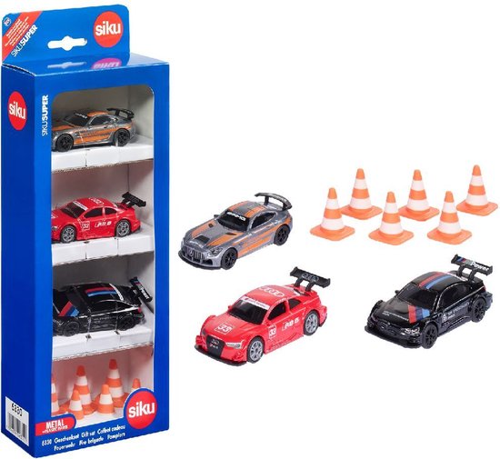 Siku cadeauset Race Mercedes-AMG GT4 Audi RS 5 Racing en BMW M4 incl. 6 verkeerskegels speelgoedauto's metaal/kunststof multicolor met sportvelgen en achtervleugels van Siku