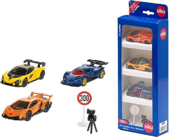 Siku Cadeauset Supercars Lamborghini Veneno Apollo I.E. McLaren Senna beweegbare onderdelen incl. verkeersbord en flitspaal van Siku