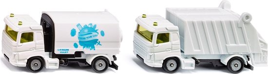 Siku set veegmachine en afvalwagen van de gemeente voor omheining milieutechniek speelgoedauto's metaal/kunststof wit/blauw kantelbare opbouw en opvangbak van Siku