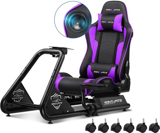 Sim Racing Cockpit – Race Simulator – Stuurstandaard – Gaming Cockpit – Simulatierooster – Verstelbaar Voor Comfort – Ingebouwde 3D Stereo Speakers – Paars