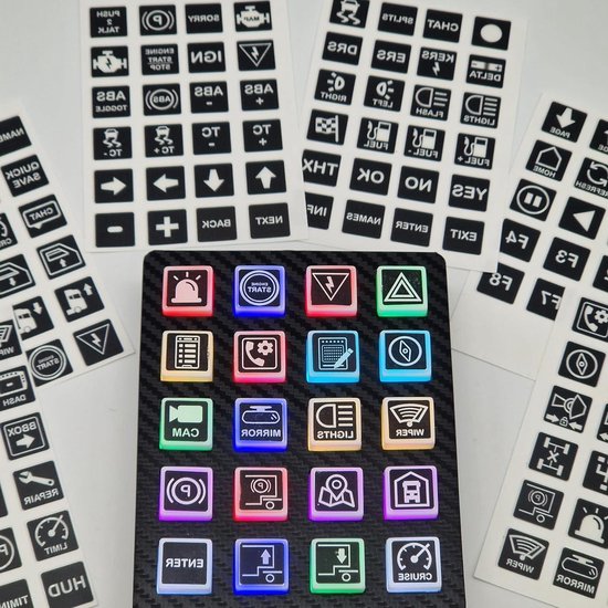 Simracing Sticker Vel - Iconen Stickers - Simulator Inrichting - Lichtdoorlatende Pictogrammen - 17.5mmx17.5mm - Zwart Transparant van Merkloos