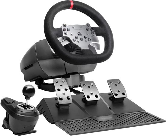 SimRacing Stuur - Race Stuurwiel - Realistisch Racen - Krachtige Force Feedback - 3 Pedalen - Zwart