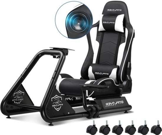 Simulator Cockpit – Sim Racing Cockpit – Race Simulator Stoel – Race Simulator Frame – Racing Wheel Stand – Verstelbaar Stuurwiel en Pedalen – Ingebouwde 3D Stereo Speakers – Wit Kunstleer van Merkloos