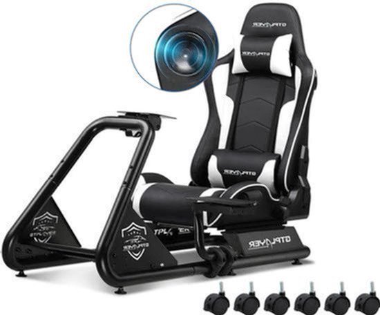 Simulator Cockpit – Sim Racing Cockpit – Race Simulator Stoel – Race Simulator Frame – Racing Wheel Stand – Verstelbaar Stuurwiel en Pedalen – Ingebouwde 3D Stereo Speakers – Wit Kunstleer