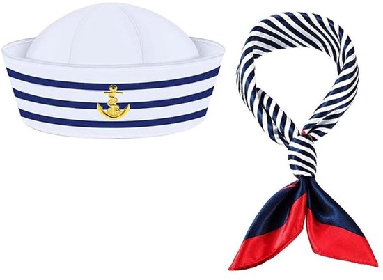 SMOAKEZ- Muts met Sjaal - Gestreept Nautisch Kostuum - Cosplay Accessoire - Marineblauw/Wit - Hoogwaardig Polyester - Duurzaam en Comfortabel - Zeemanskostuum van smoakez