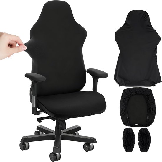 SnelShoppen - 4-delige Gaming Stoel Cover Zwart - Ergonomische Stoelbekleding voor Kantoor en Gaming - Ademend, Antislip, Wasbaar, Stretch - Inclusief