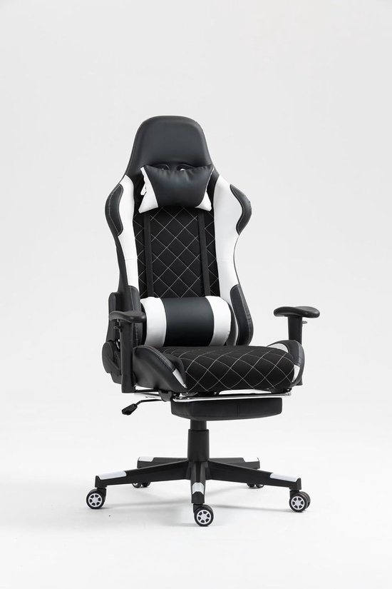 SnelShoppen - Classic gaming chair - bureaustoel met voetensteun - stof bekleding - zwart wit - ergonomisch - ideaal voor thuiswerken en gamen