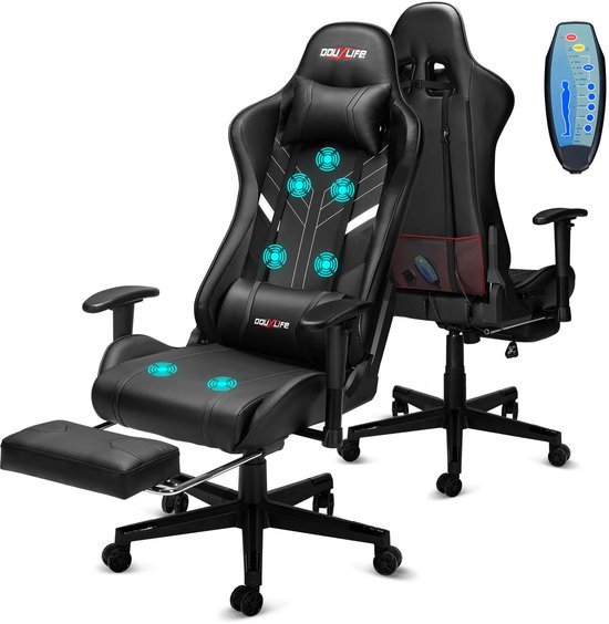 SnelShoppen - Douxlife Gaming Stoel - Ergonomische Bureaustoel met 7-punts Massage, Voetensteun, 90-175° Instelbare Rugleuning, Verstelbare 2D-Armleun