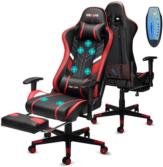 SnelShoppen - Douxlife Gaming Stoel met 7-punts Massage, Ergonomische Bureaustoel met Voetensteun, Verstelbare Rugleuning 90-175°, 2D-Armleuning, PC-g