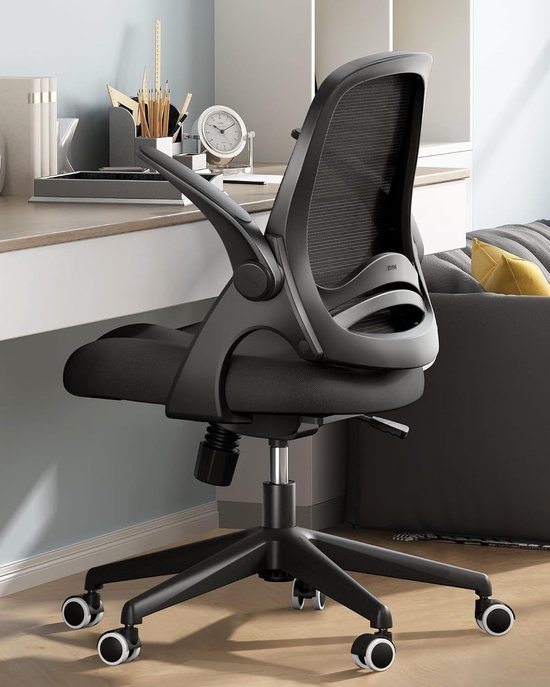 SnelShoppen - Ergonomische Bureau Stoel met Vouwbare Armleuningen, Compacte 120° Vergrendeling, 360° Draaibaar, Zwart, Ideaal voor Thuisgebruik