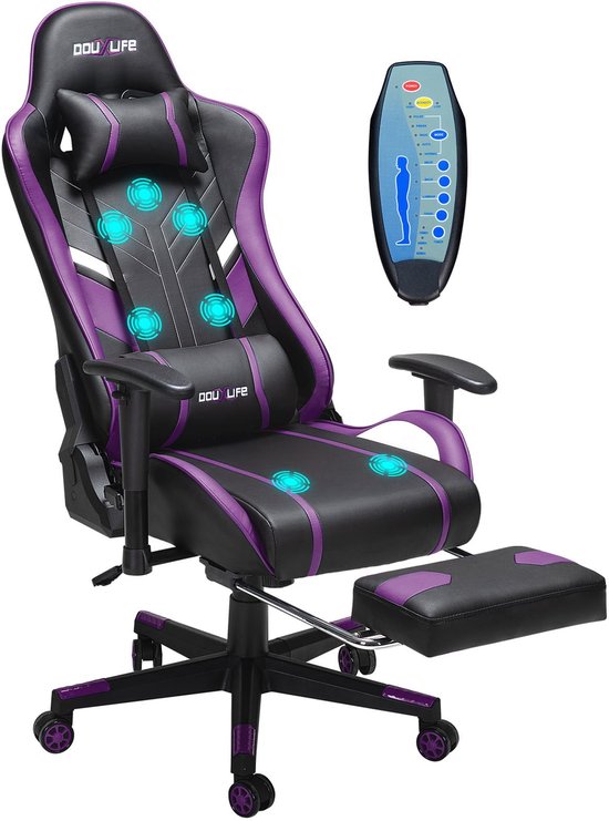 SnelShoppen - Ergonomische Gamerstoel met 7-punts Massage, Voetensteun, Zwart/Paarse Bureaustoel tot 180 kg, 90-175 Graden Rugleuning, 2D-armleuningen